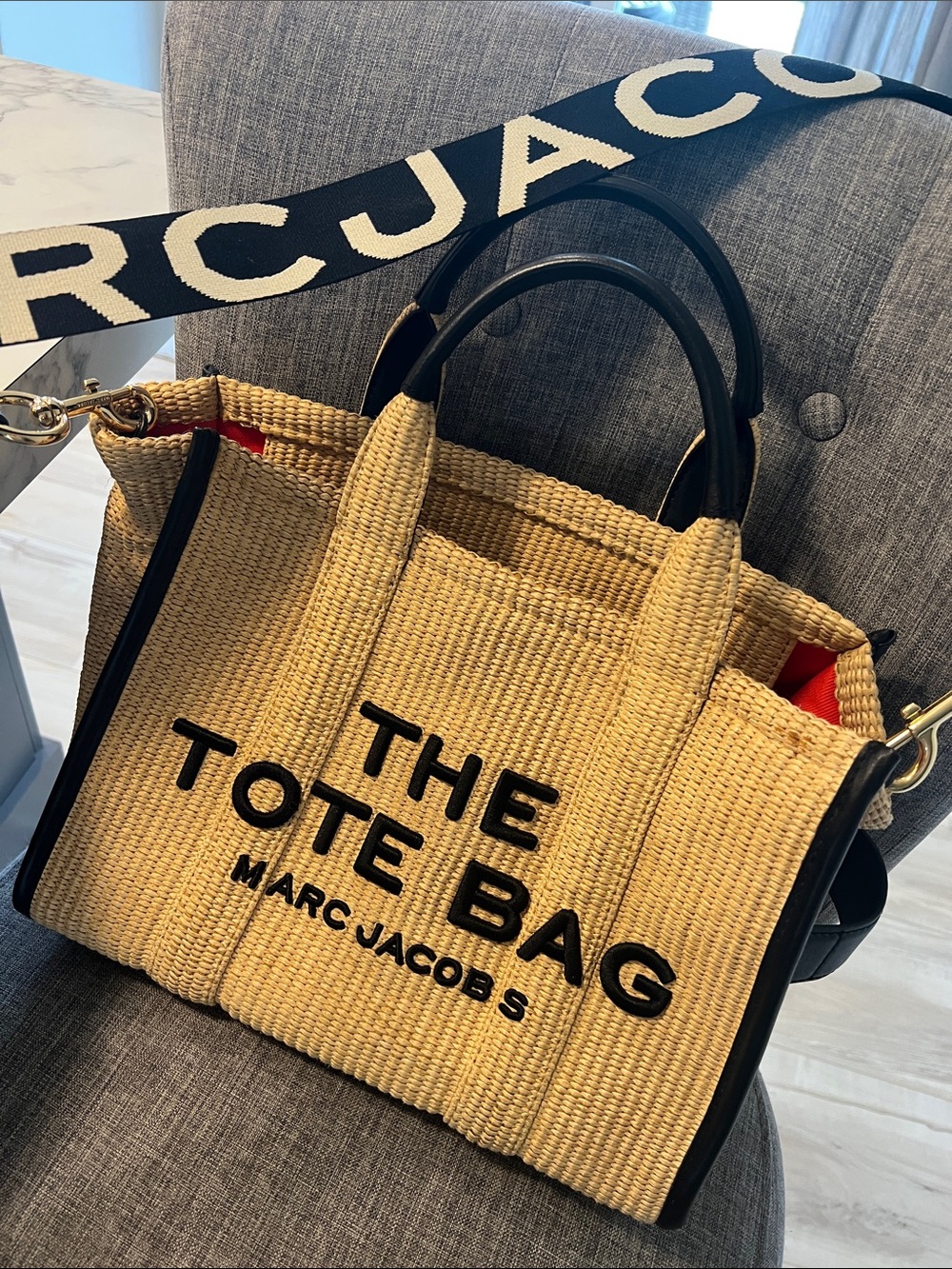 Marc Jacobs Natural Straw look Tote Bag with Black Trim. Medium size